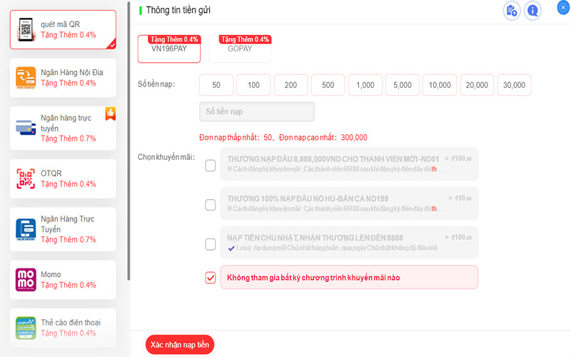Chọn hình thức nạp tiền phù hợp